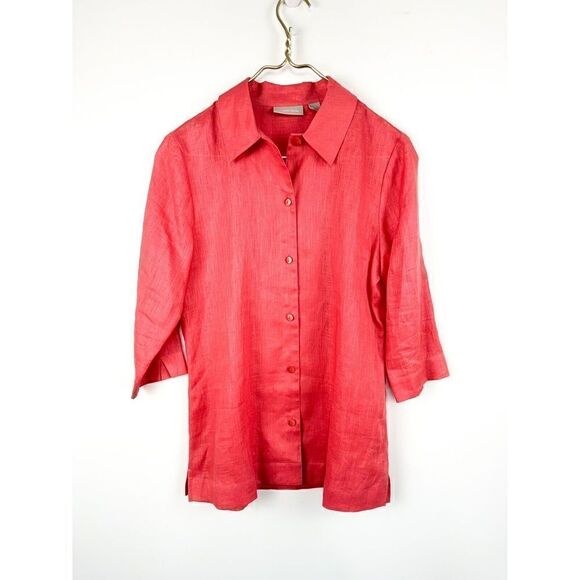 Nordstrom 100%Linen Relaxed Coral Size Small 3/4 Sleeve Button Up Top - Picture 1 of 6